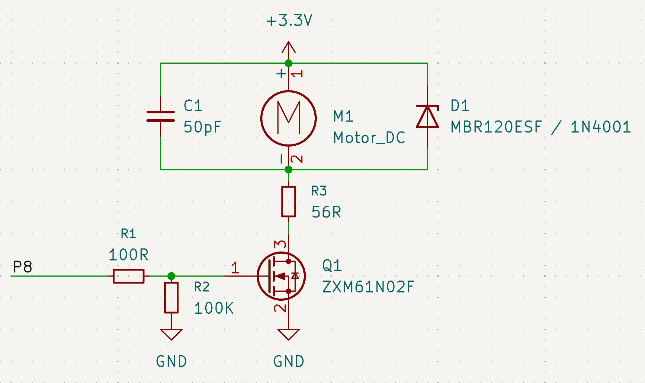 Circuit diagram for the Hapti:bit, showing that P8 is connected to a MOSFET to drive a connected motor